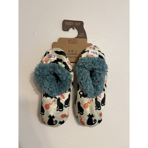Lazy One Cat Nap Black Cats Blue Fuzzy Feet Slippers Women House Shoes - Picture 1 of 4